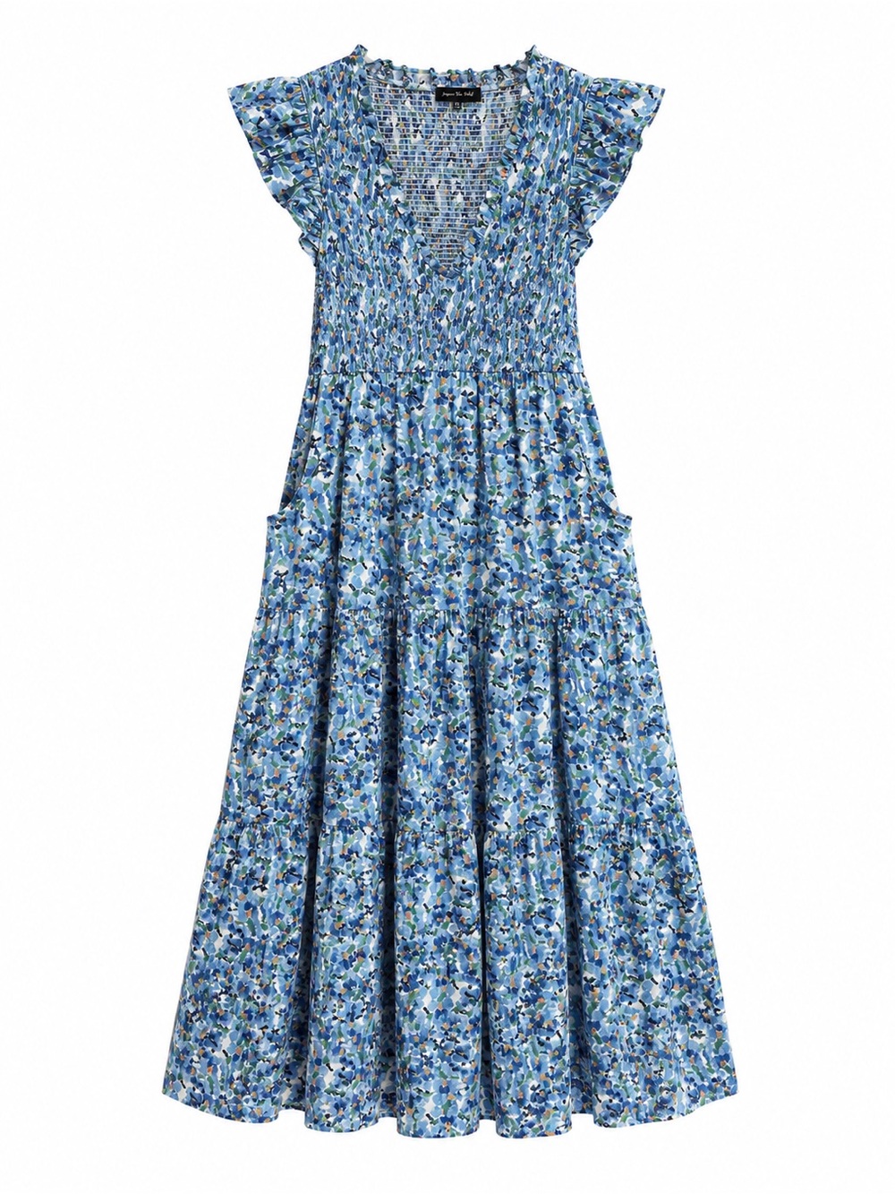 Jacqui E Blue Floral Smocked Midi Dress with Orange Accents